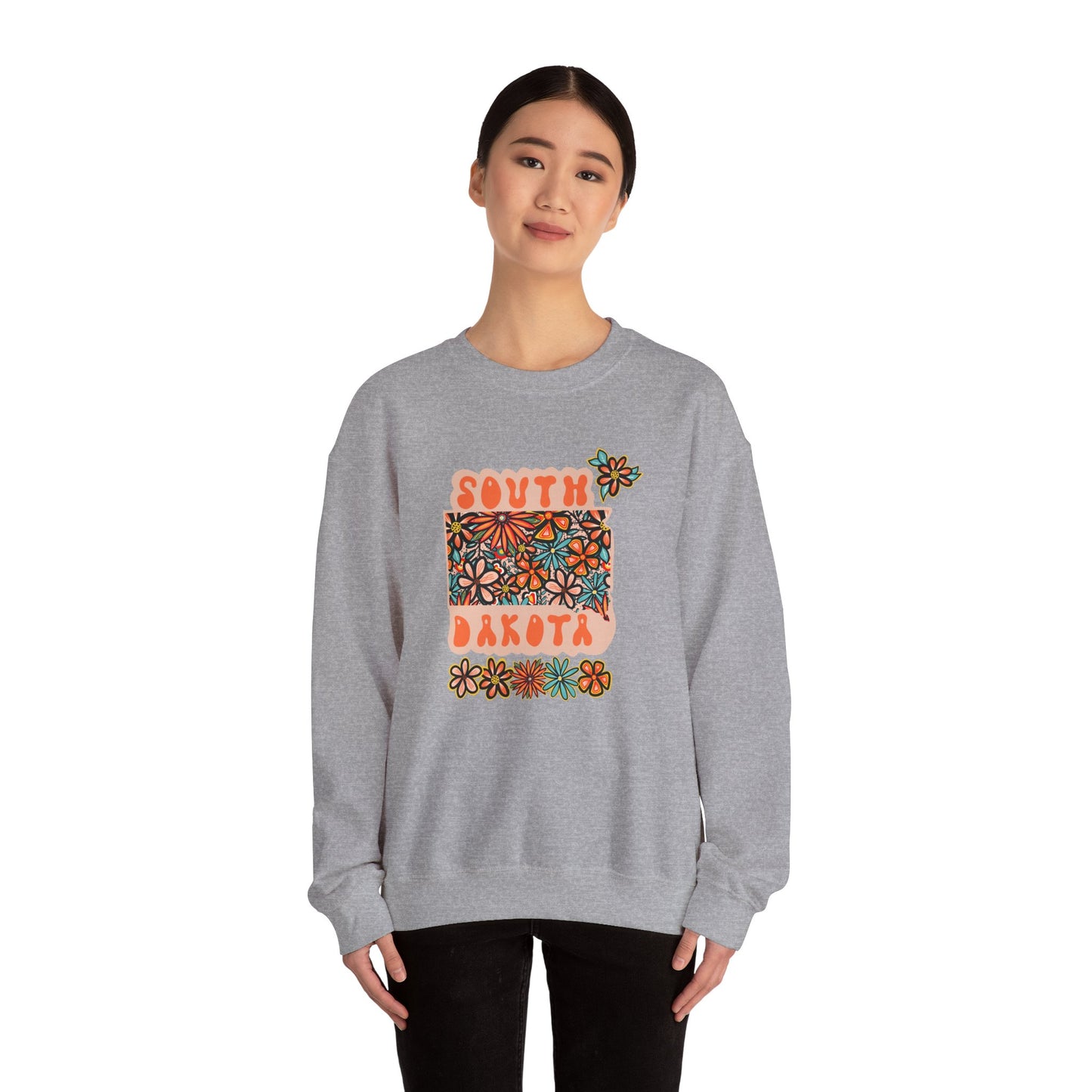 Retro 70s Flowers South Dakota State Design — Heavy Blend™ Crewneck Sweatshirt