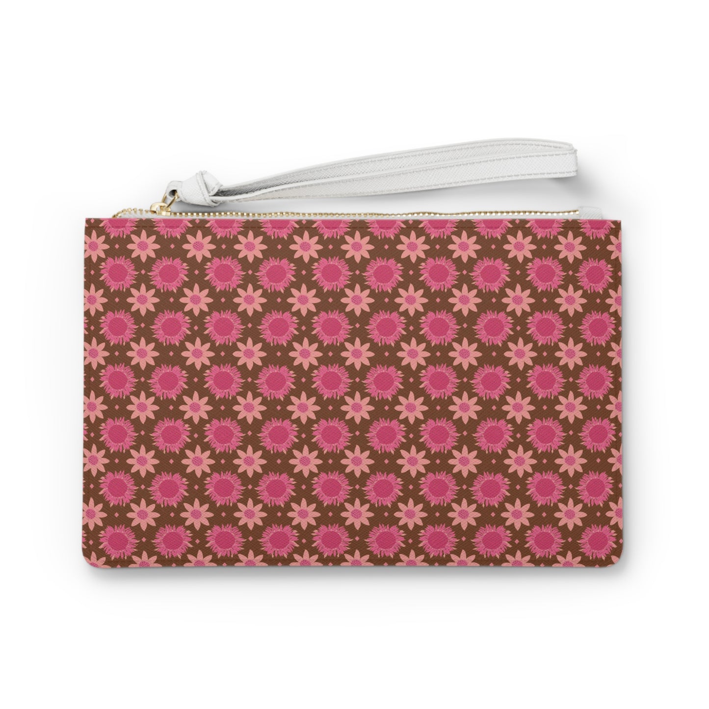 Retro Pink Sunflowers on Brown Background Clutch Bag