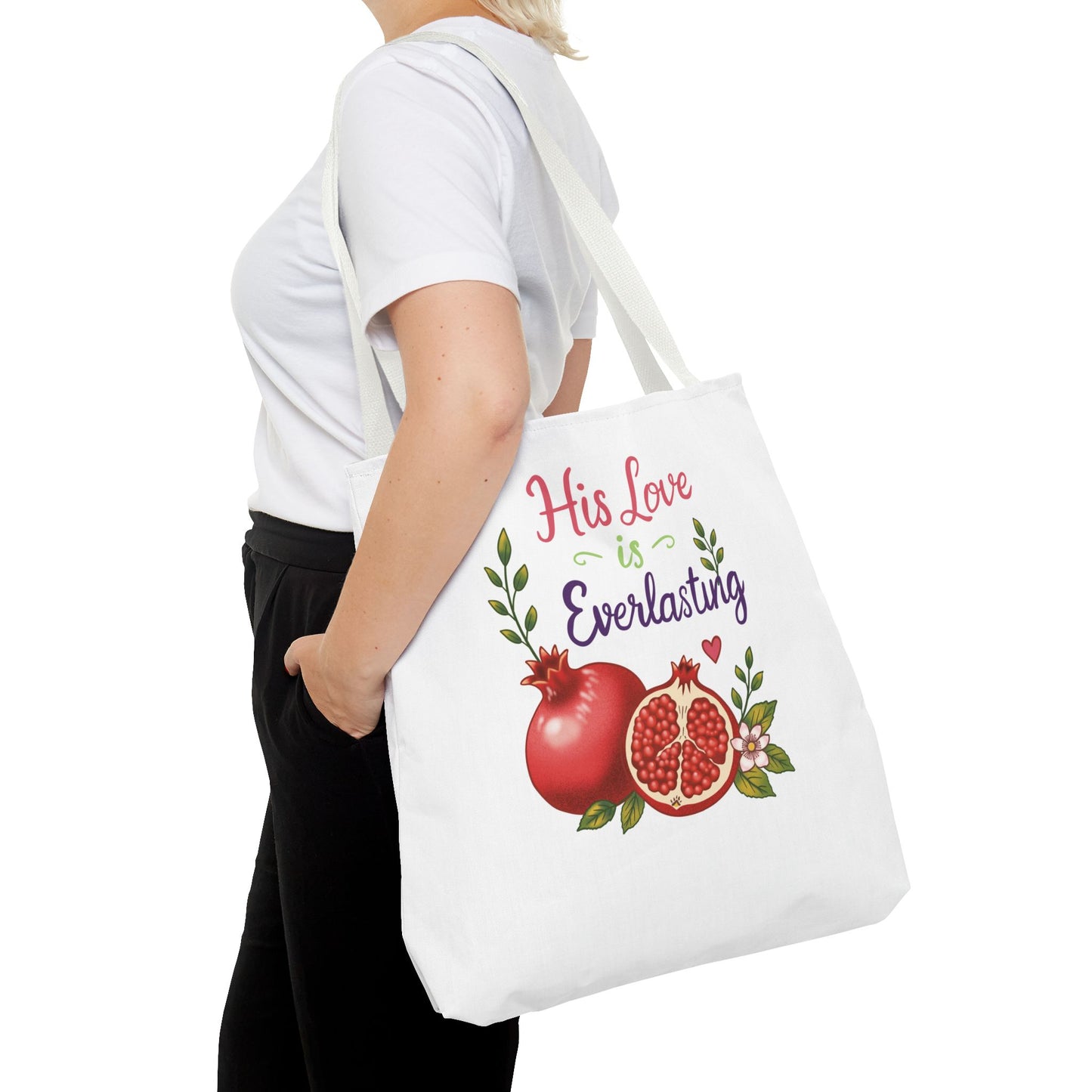His Love Is Everlasting Pomegranate Tote Bag — Christian Floral Grocery Tote