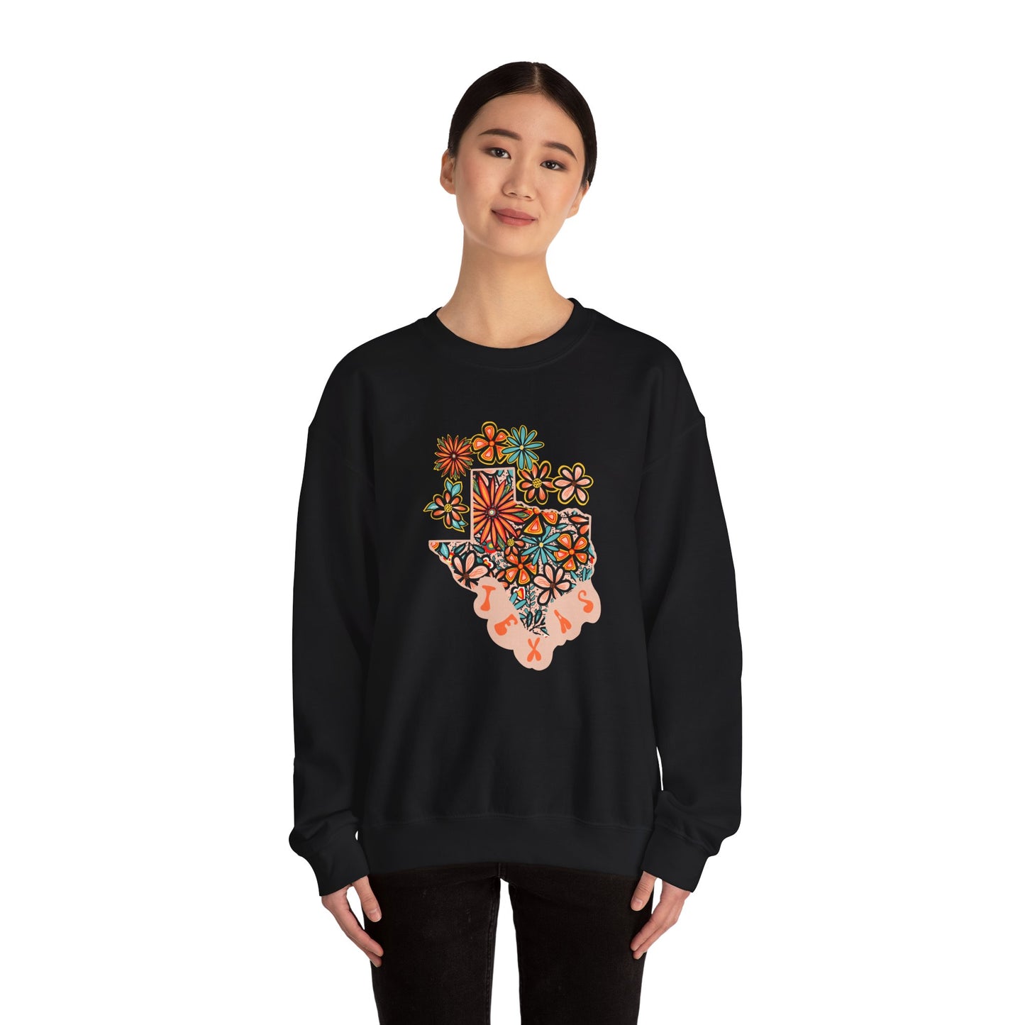 Retro 70s Flowers Texas State Design — Heavy Blend™ Crewneck Sweatshirt