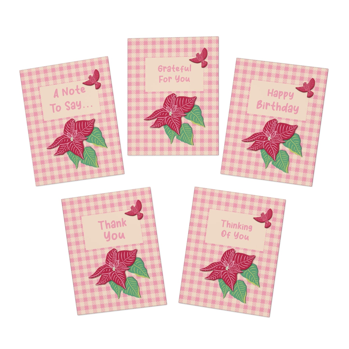 Pink Poinsettia on Pink Plaid Multi-Occasion Multi-Design Greeting Cards (5-Pack) - FREE SHIPPING