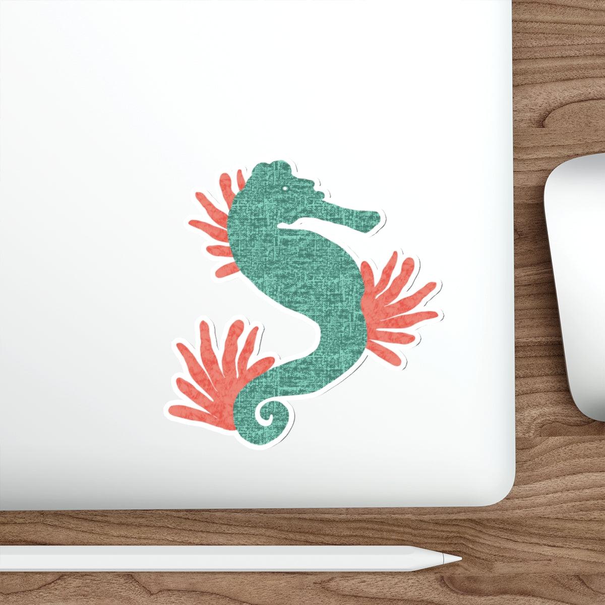 Turquoise Seahorse and Coral Die Cut Sticker