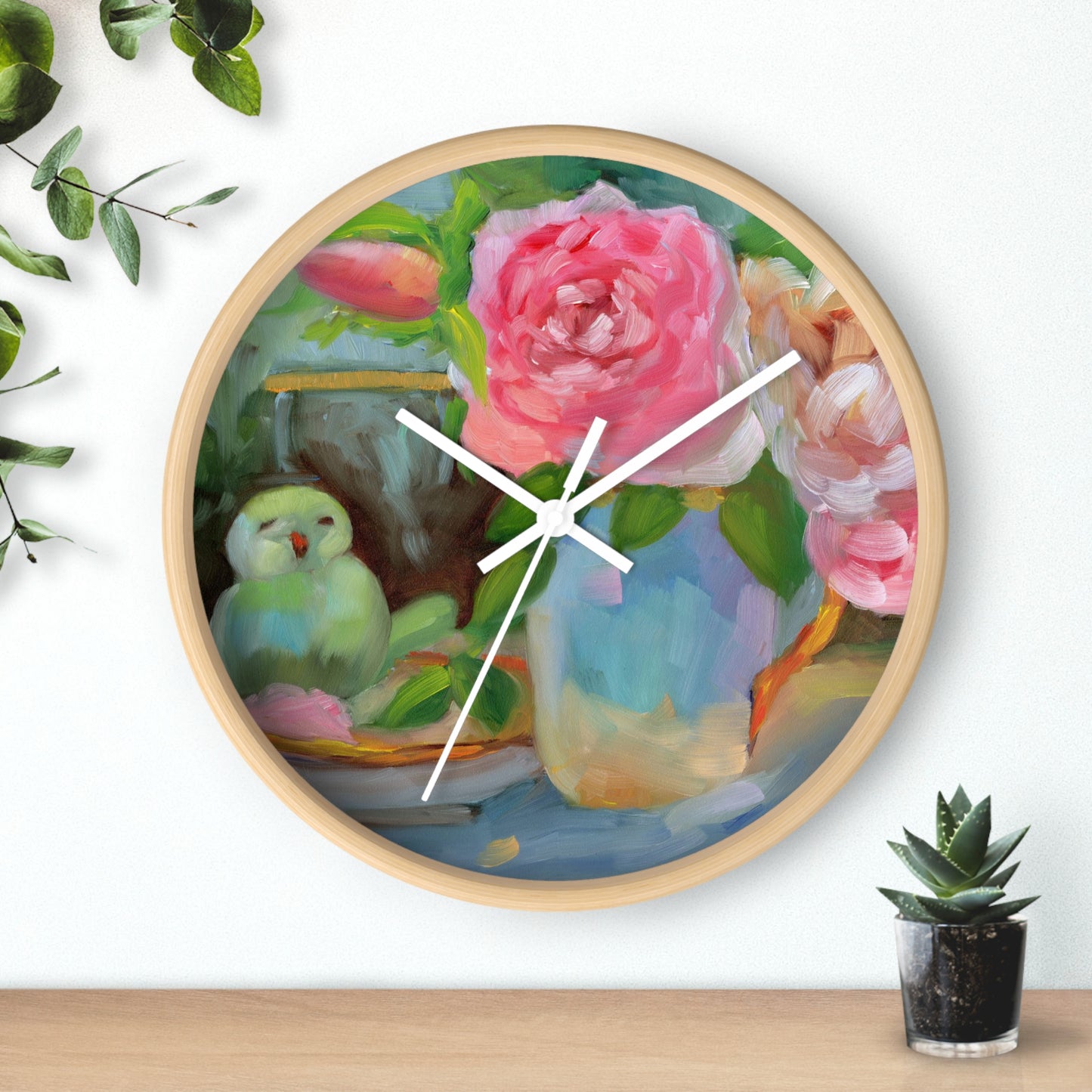Floral Parrot Wall Clock — Pink Roses & Bird Still Life Home Decor