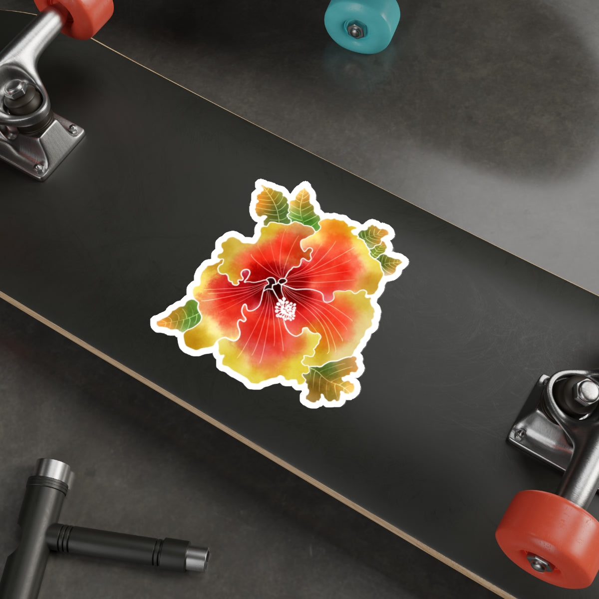 Palm Springs Orange and Yellow Ruffled Hibiscus with Leaves Die-Cut Stickers