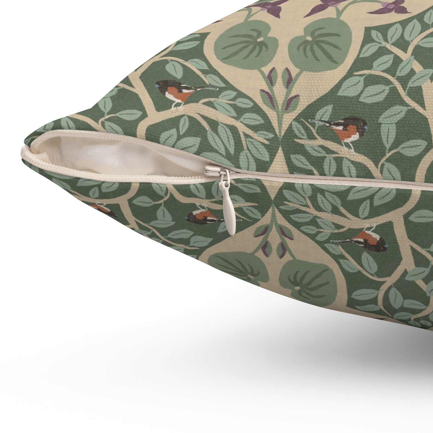 Wild Ginger, Beech Tree and Towhee Sparrows Spun Polyester Square Pillow
