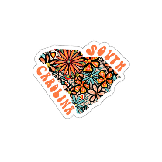 South Carolina State Sticker | Vinyl Artist Designed Illustration Featuring South Carolina State Filled With Retro Flowers with Retro Hand-Lettering Die-Cut Stickers