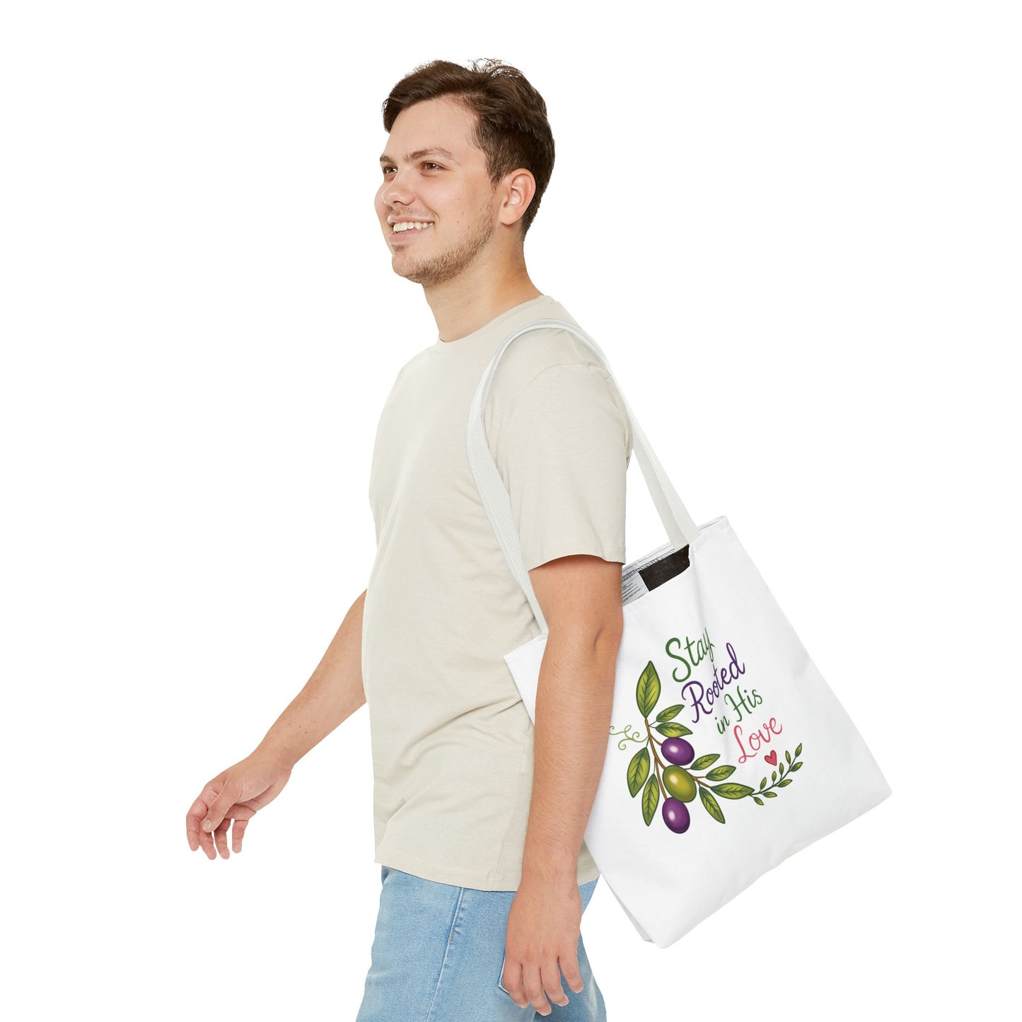 Stay Rooted in His Love Tote Bag — Faith-Based Olive Branch Canvas Tote