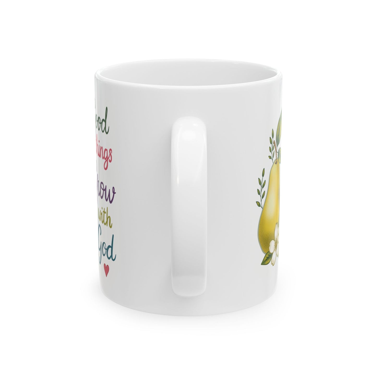 Good Things Grow with God Ceramic Mug — Hand Painted Pear Coffee Tea Cup (11oz & 15oz