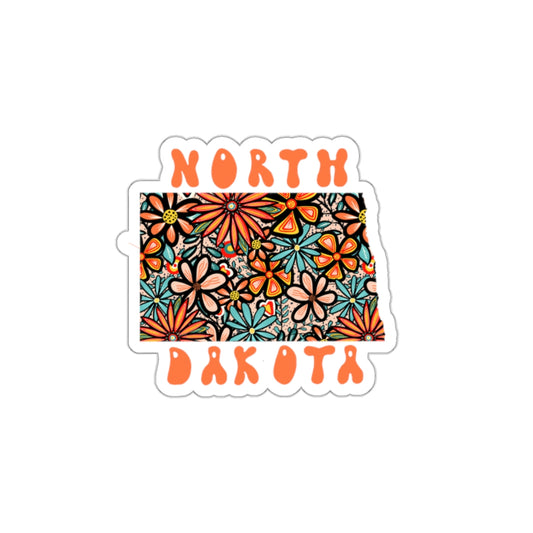 North Dakota State Sticker | Vinyl Artist Designed Illustration Featuring North Dakota State Outline Filled With Retro Flowers with Retro Hand-Lettering Die-Cut Stickers