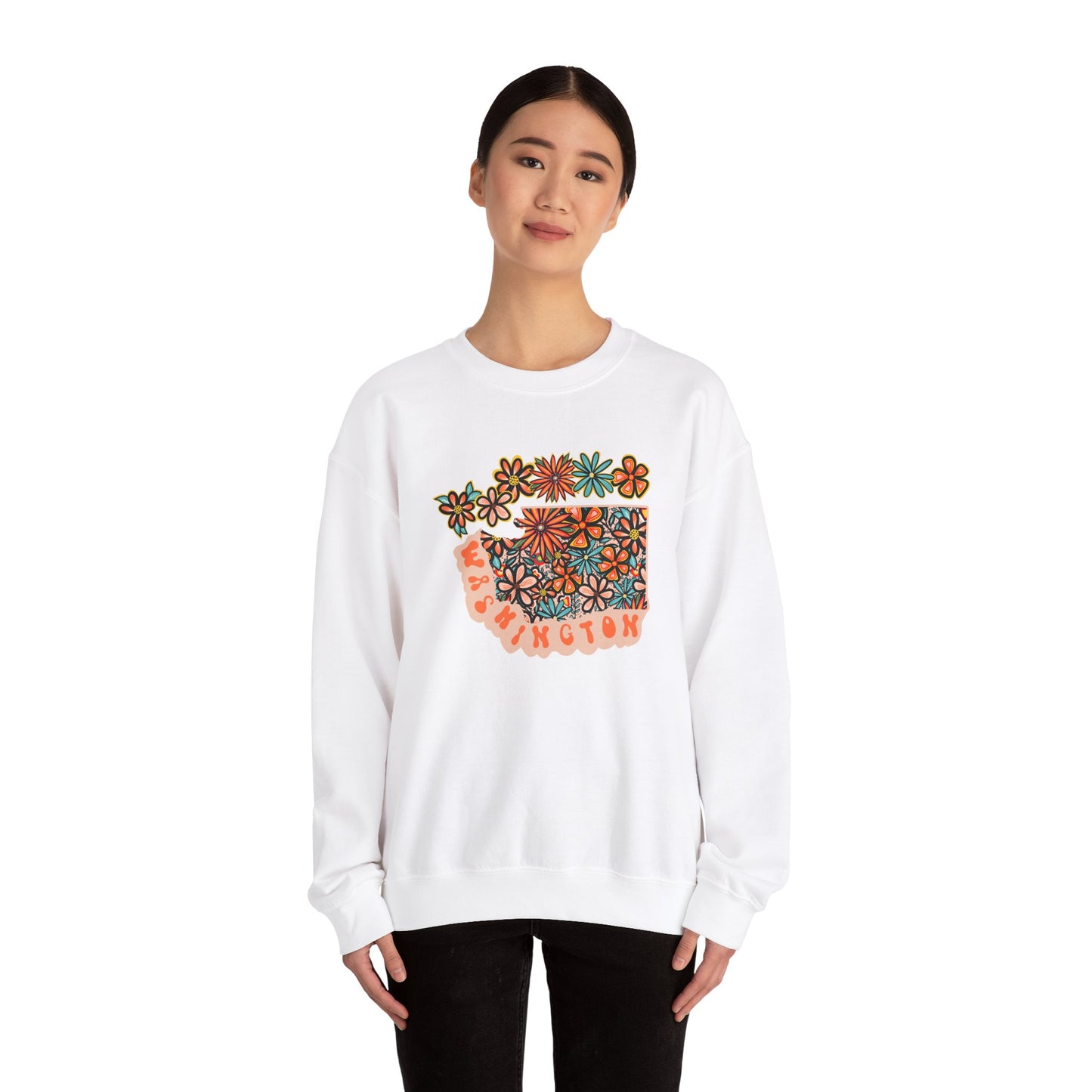 Retro 70s Flowers Washington State Design — Heavy Blend™ Crewneck Sweatshirt