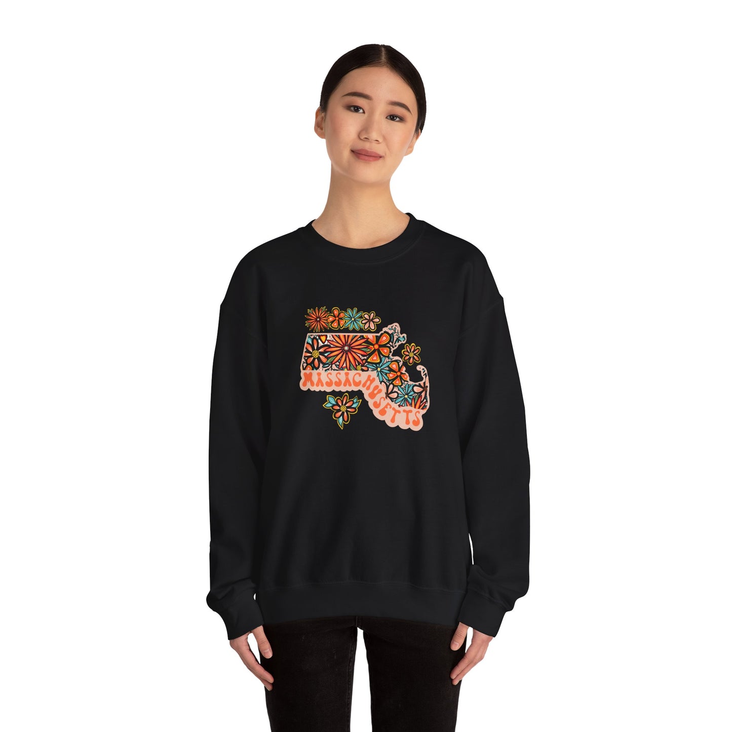 Retro 70s Flowers Massachusetts State Design — Heavy Blend™ Crewneck Sweatshirt