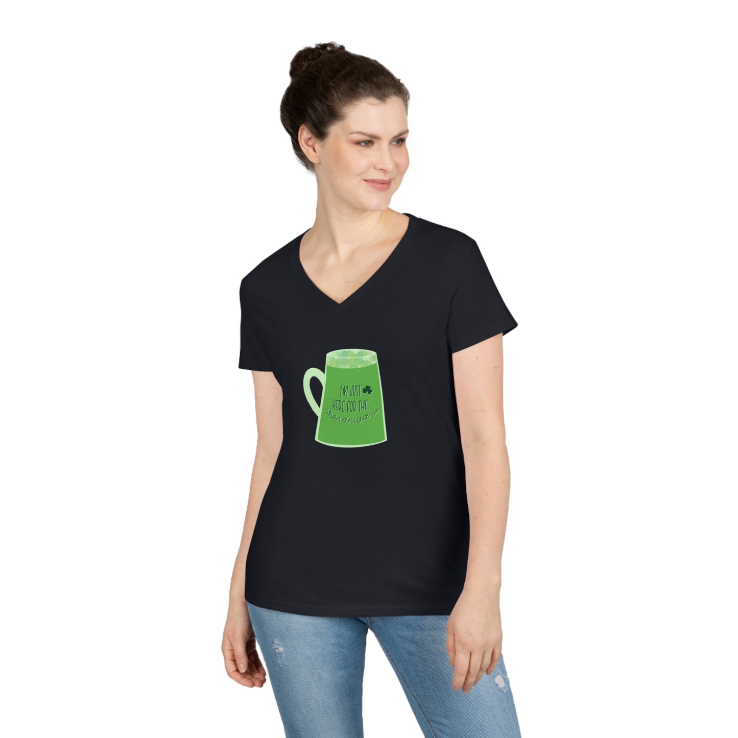 Green Beer, I’m Just Here for the Shenanigans Ladies' Cotton V-Neck T-Shirt