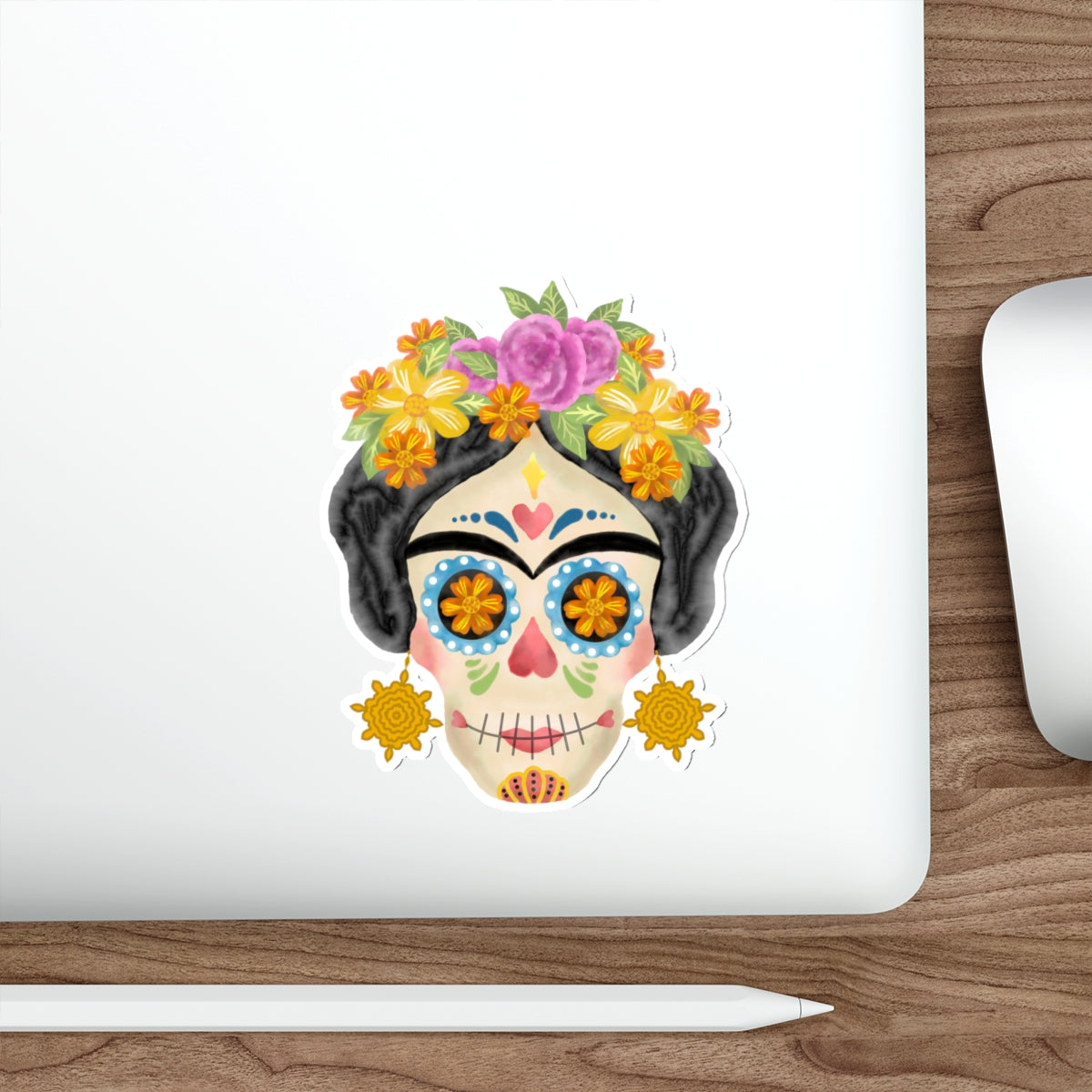 Frida Sugar Skull with Gold Earrings Die-Cut Stickers