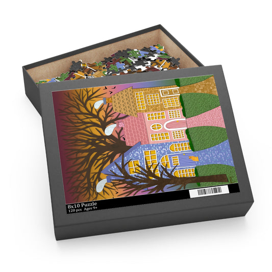 Charming Cottage Street Jigsaw Puzzle — 120/252/500-Piece Colorful Houses Scene