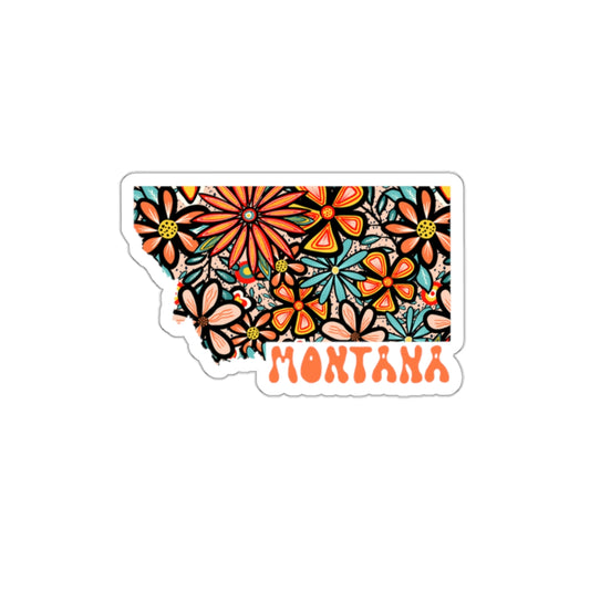 Montana State Sticker | Vinyl Artist Designed Illustration Featuring Montana State Outline Filled With Retro Flowers with Retro Hand-Lettering Die-Cut Stickers