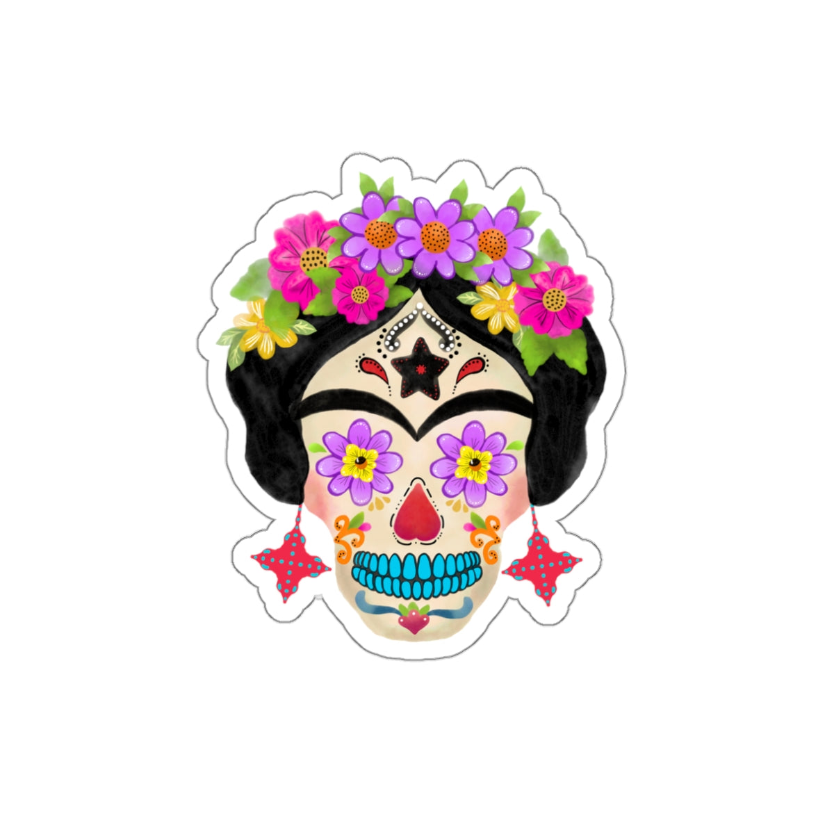 Frida Sugar Skull with Red Earrings Die-Cut Stickers