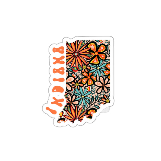 Indiana State Sticker | Vinyl Artist Designed Illustration Featuring Indiana State Outline Filled With Retro Flowers with Retro Hand-Lettering Die-Cut Stickers