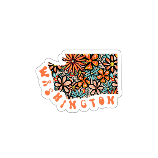 Washington State Sticker | Vinyl Artist Designed Illustration Featuring Washington State Filled With Retro Flowers with Retro Hand-Lettering Die-Cut Stickers