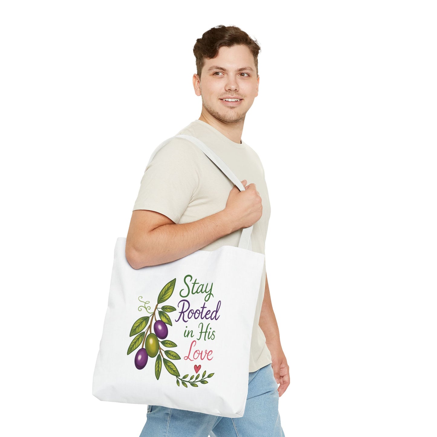 Stay Rooted in His Love Tote Bag — Faith-Based Olive Branch Canvas Tote