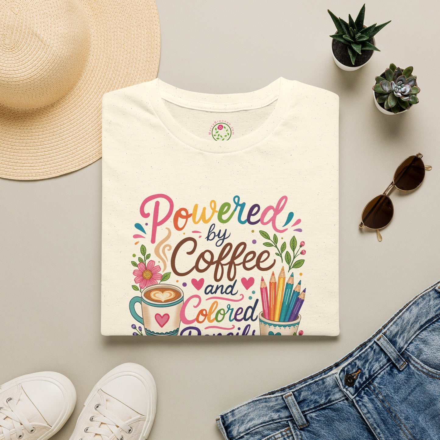 T-Shirt — "Powered by Coffee and Colored Pencils" Cute Artist Graphic Tee