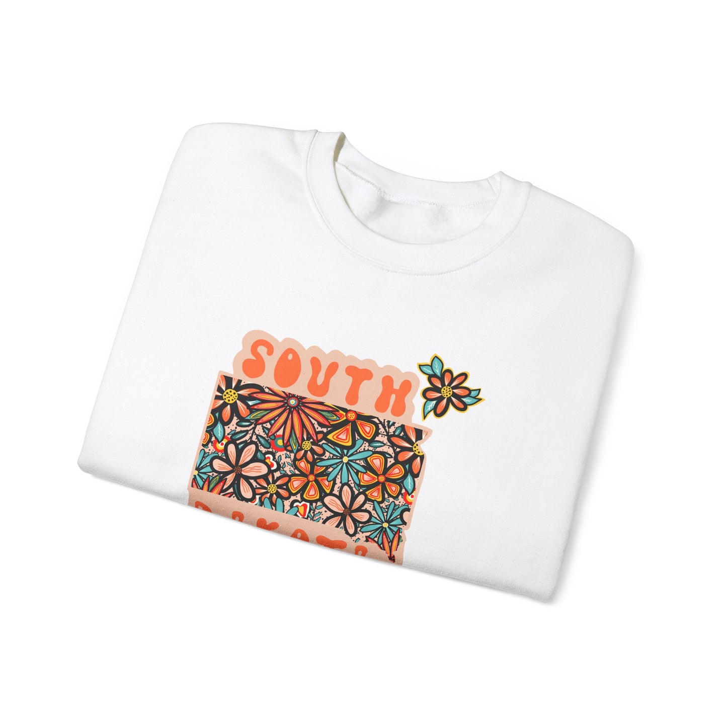 Retro 70s Flowers South Dakota State Design — Heavy Blend™ Crewneck Sweatshirt