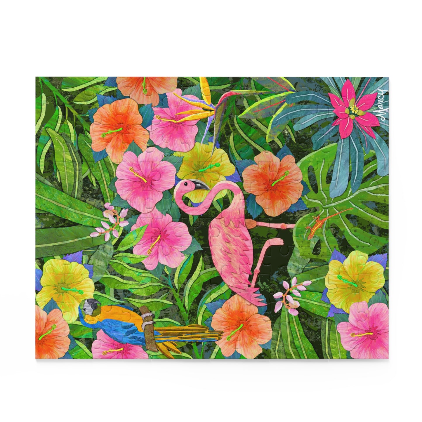 Flamingo in jungle Garden, digital painted paper collage  Puzzle (120, 252, 500-Piece)