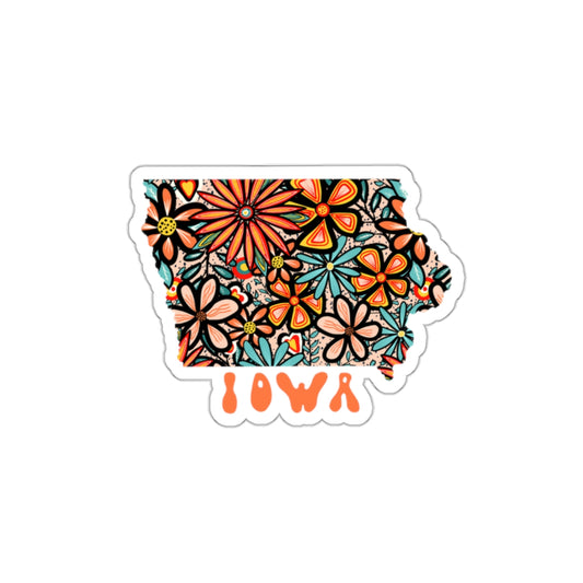 Iowa State Sticker | Vinyl Artist Designed Illustration Featuring Iowa State Outline Filled With Retro Flowers with Retro Hand-Lettering Die-Cut Stickers