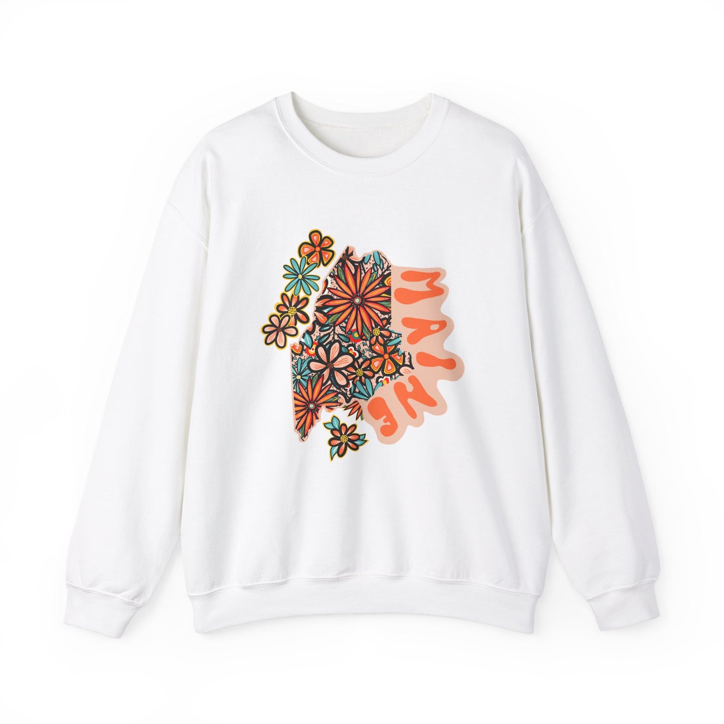 Retro 70s Flowers Maine State Design — Heavy Blend™ Crewneck Sweatshirt