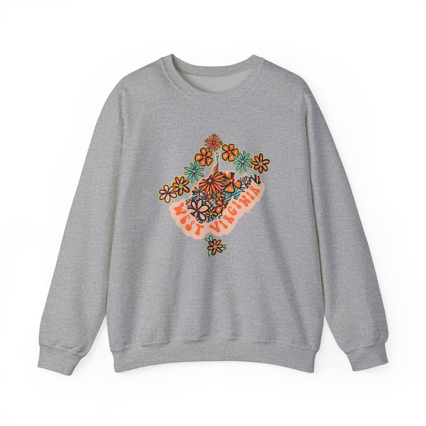 Retro 70s Flowers West Virginia State Design — Heavy Blend™ Crewneck Sweatshirt