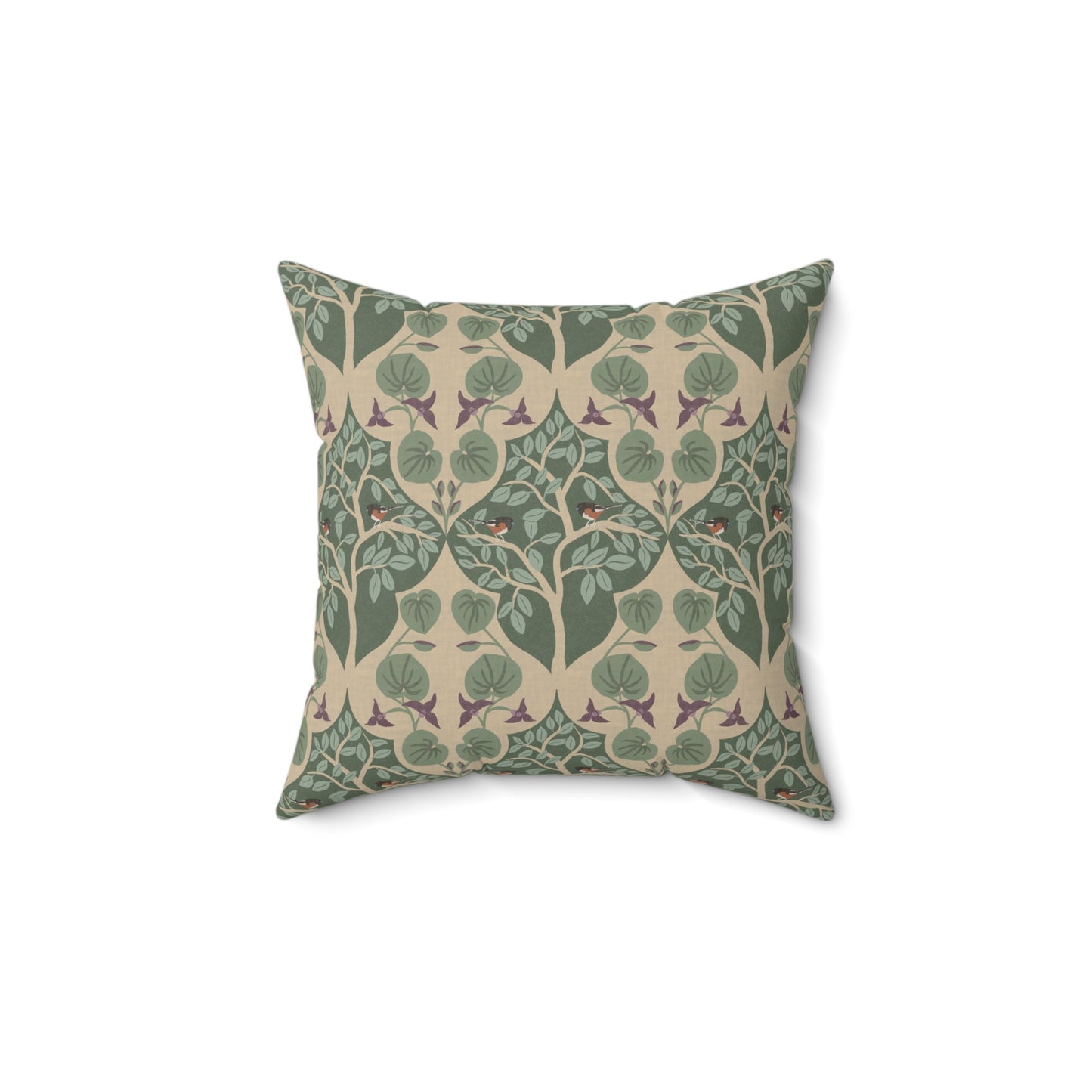 Wild Ginger, Beech Tree and Towhee Sparrows Spun Polyester Square Pillow