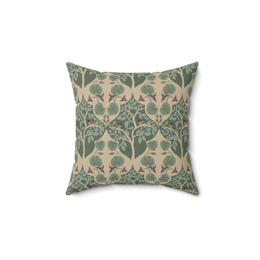 Wild Ginger, Beech Tree and Towhee Sparrows Spun Polyester Square Pillow