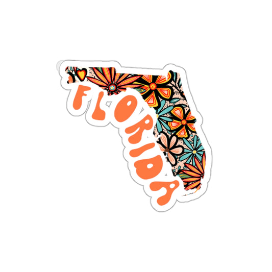 Florida State Sticker | Vinyl Artist Designed Illustration Featuring Florida State Outline Filled With Retro Flowers with Retro Hand-Lettering Die-Cut Stickers