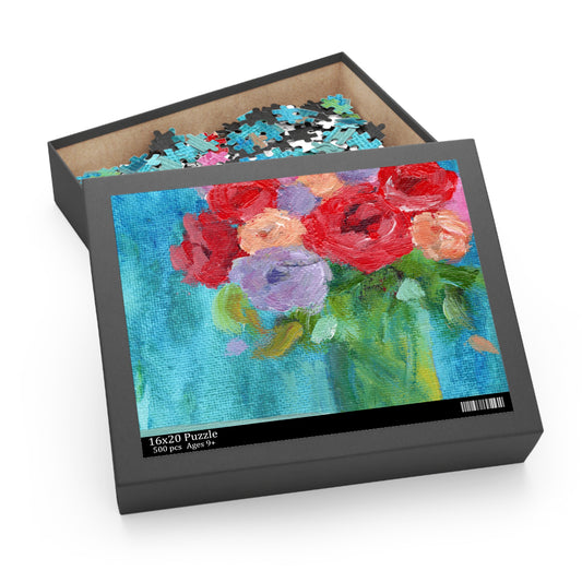 Impressionistic Fresh Roses in a Glass Vase in Cool Colors Puzzle (120, 252, 500-Piece)