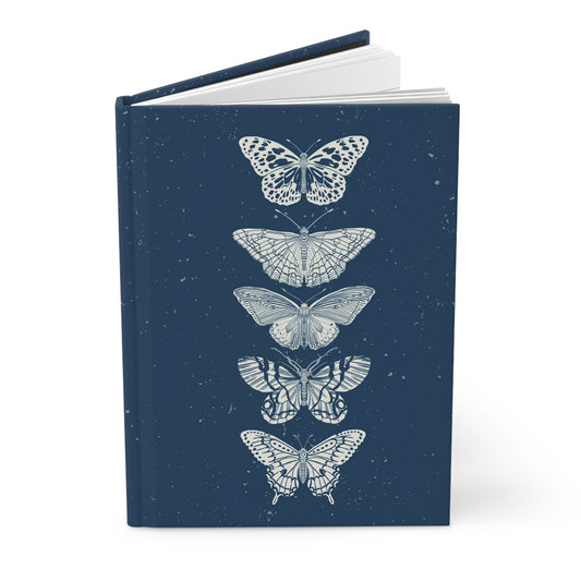 Cream Block Print Butterflies on Deep Blue Background Hardcover Journal