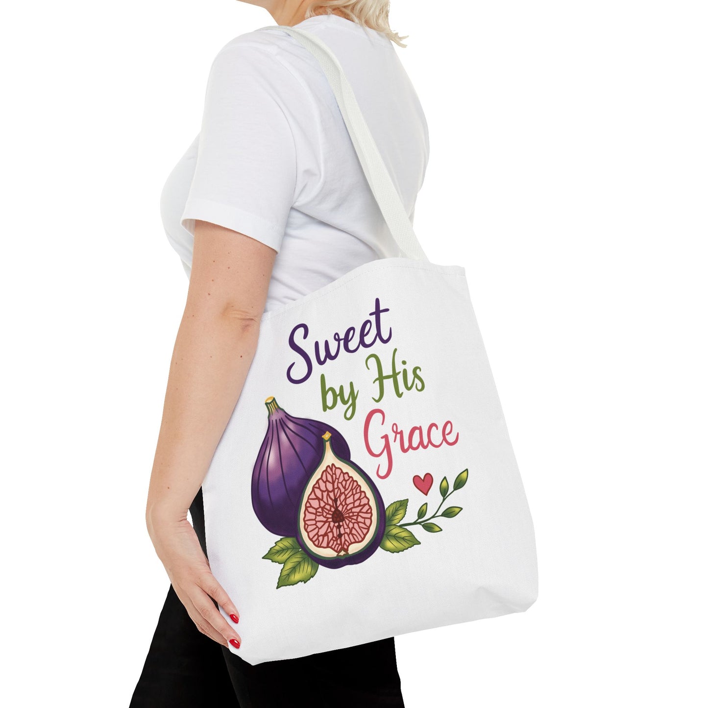 Sweet by His Grace Tote Bag — Faith-Inspired Fig Illustration