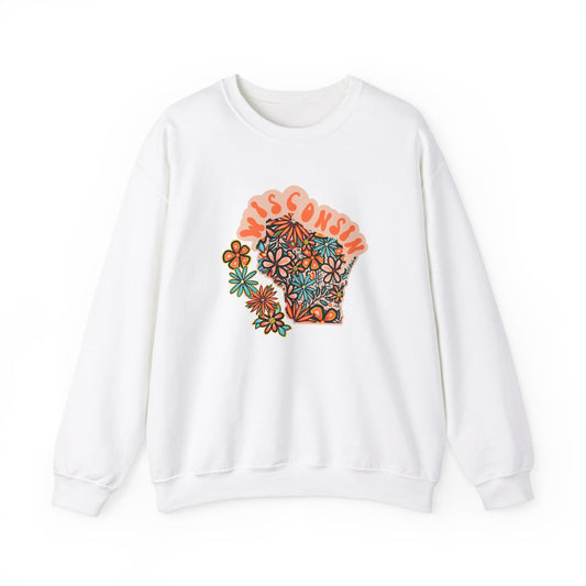 Retro 70s Flowers Wisconsin State Design — Heavy Blend™ Crewneck Sweatshirt