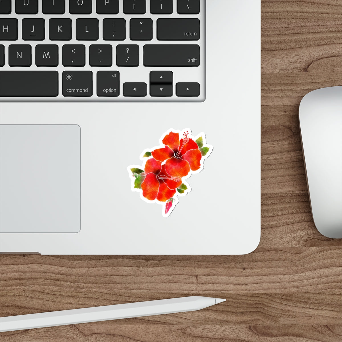 Red Hibiscus with Bude and Leaves Die-Cut Stickers