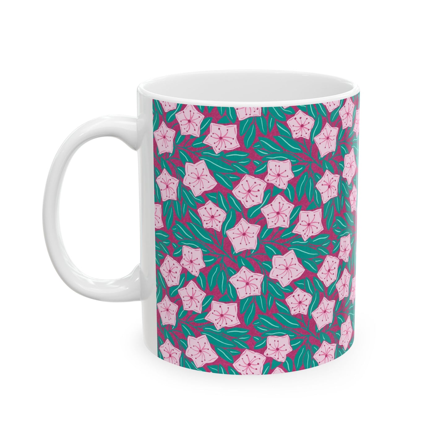 Pink Mountain Laurel Blossoms Ceramic Mug — Pink Flowers on Teal Background (11oz/15oz)
