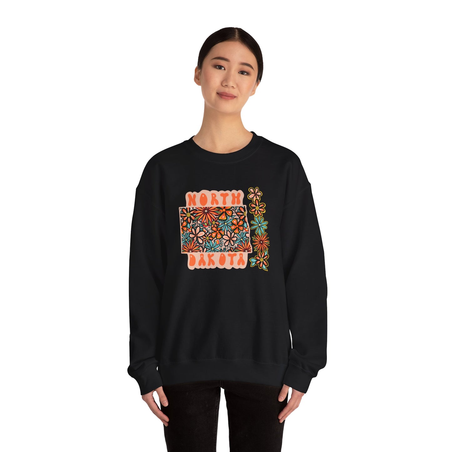 Retro 70s Flowers North Dakota State Design — Heavy Blend™ Crewneck Sweatshirt