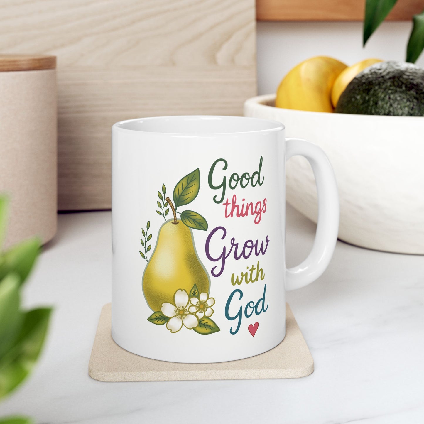 Good Things Grow with God Ceramic Mug — Hand Painted Pear Coffee Tea Cup (11oz & 15oz