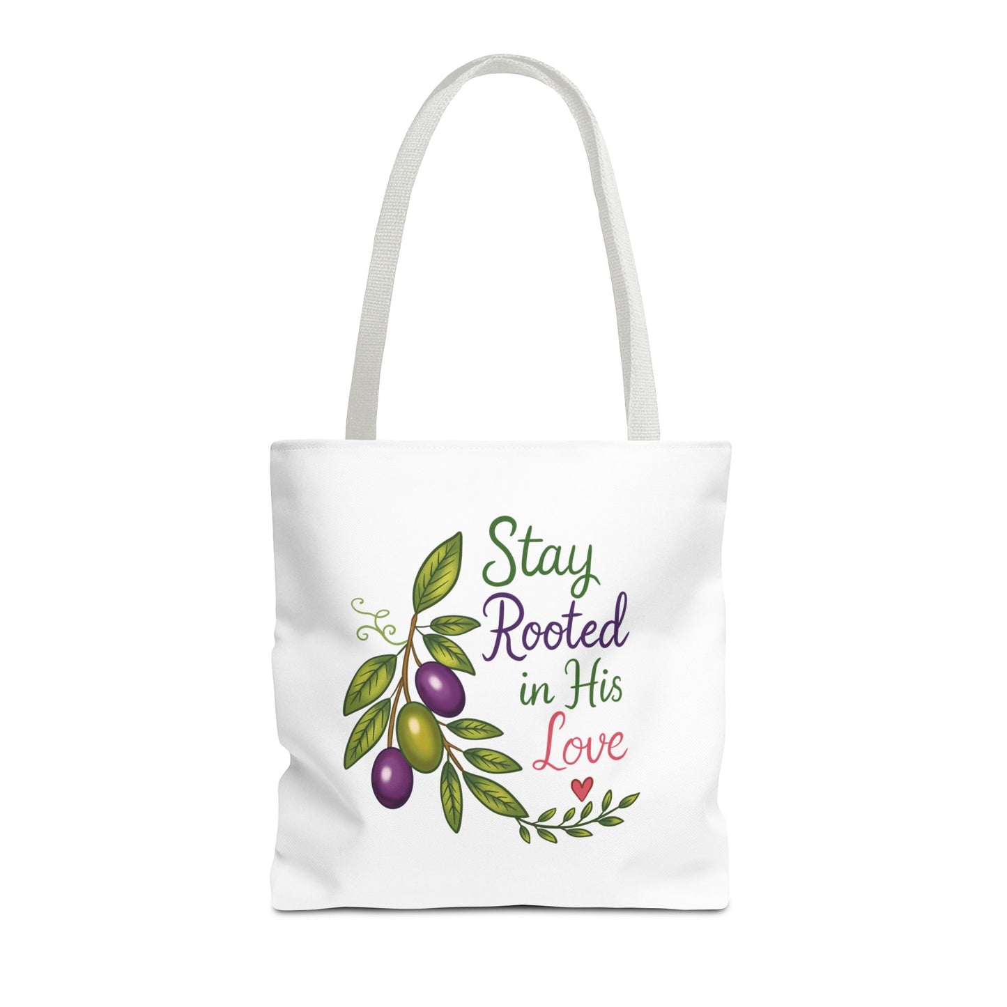 Stay Rooted in His Love Tote Bag — Faith-Based Olive Branch Canvas Tote