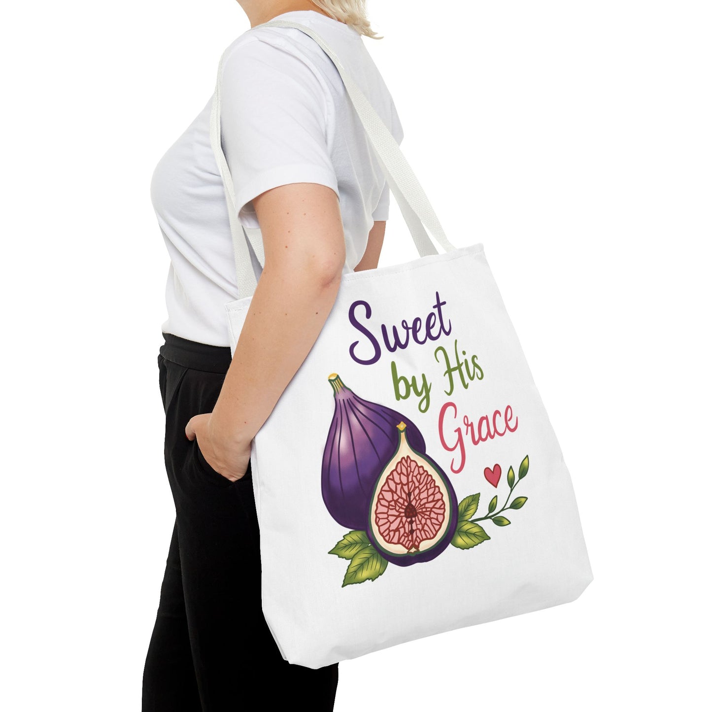 Sweet by His Grace Tote Bag — Faith-Inspired Fig Illustration