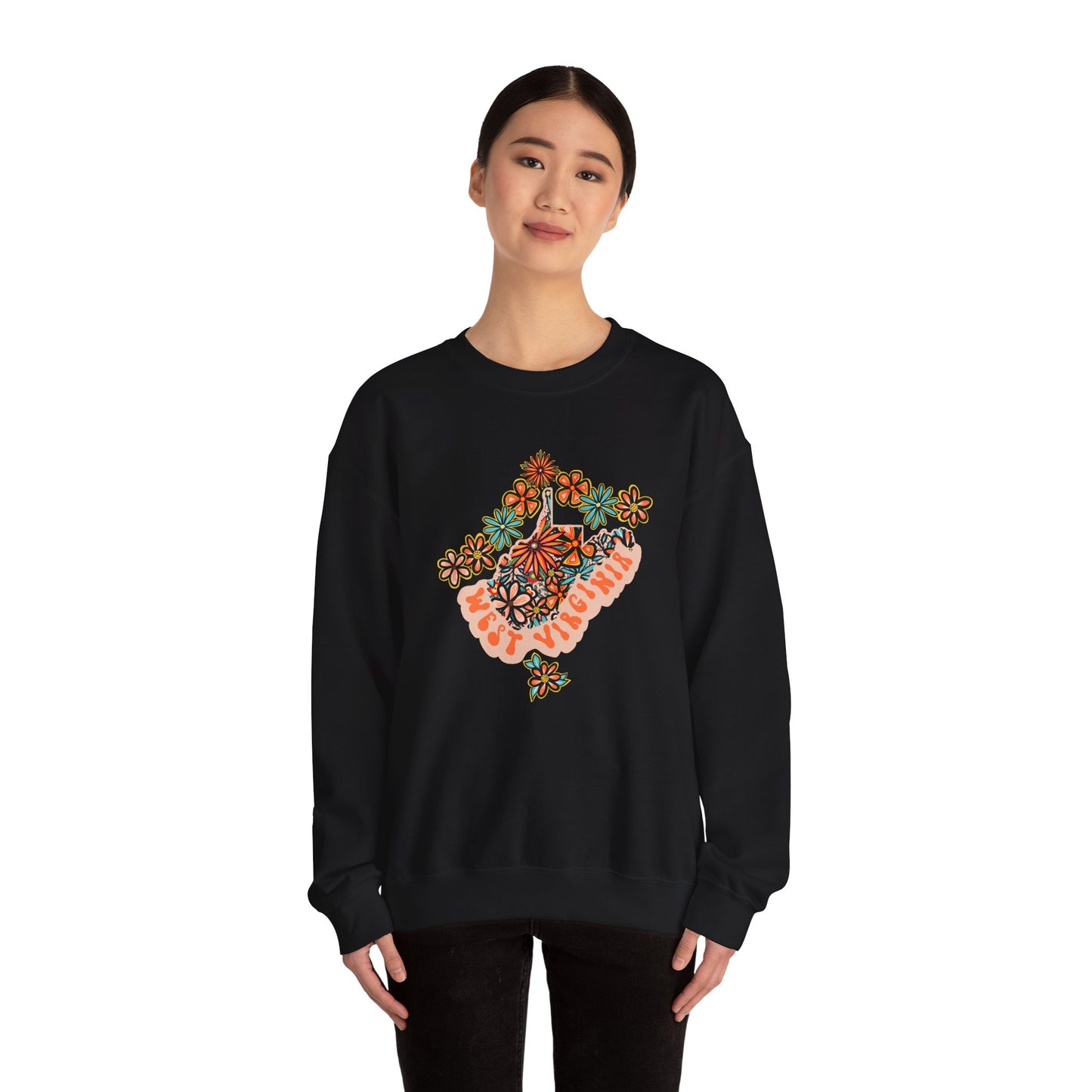 Retro 70s Flowers West Virginia State Design — Heavy Blend™ Crewneck Sweatshirt