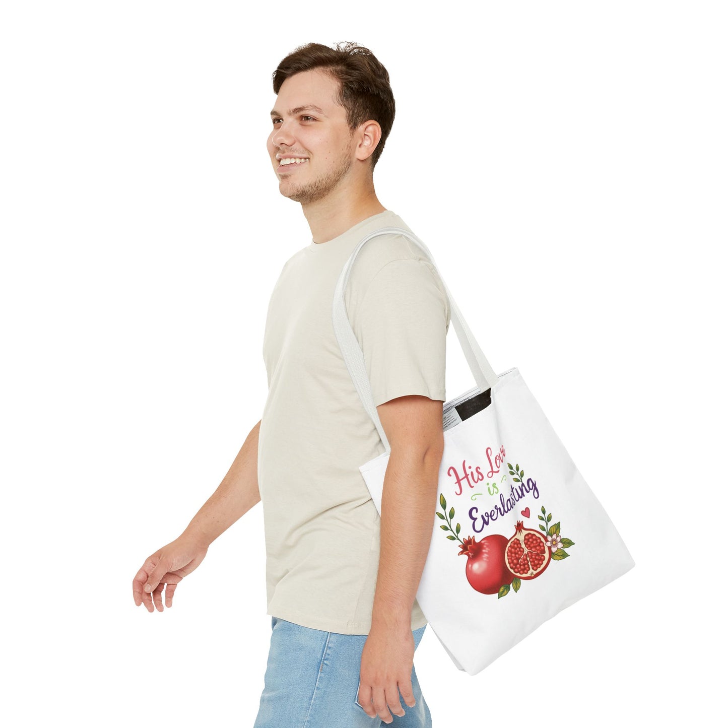 His Love Is Everlasting Pomegranate Tote Bag — Christian Floral Grocery Tote