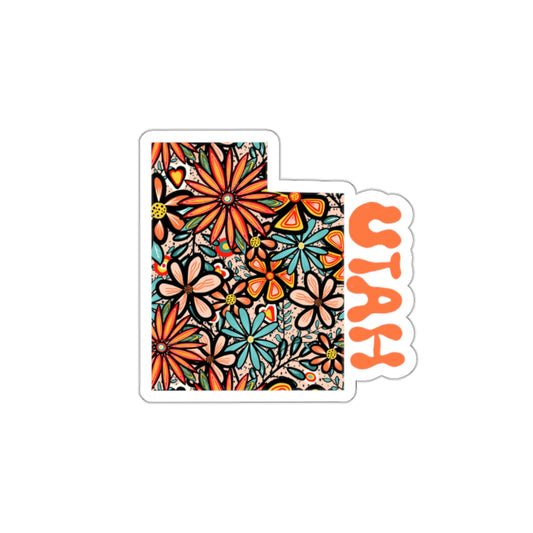 Utah State Sticker | Vinyl Artist Designed Illustration Featuring Utah State Filled With Retro Flowers with Retro Hand-Lettering Die-Cut Stickers
