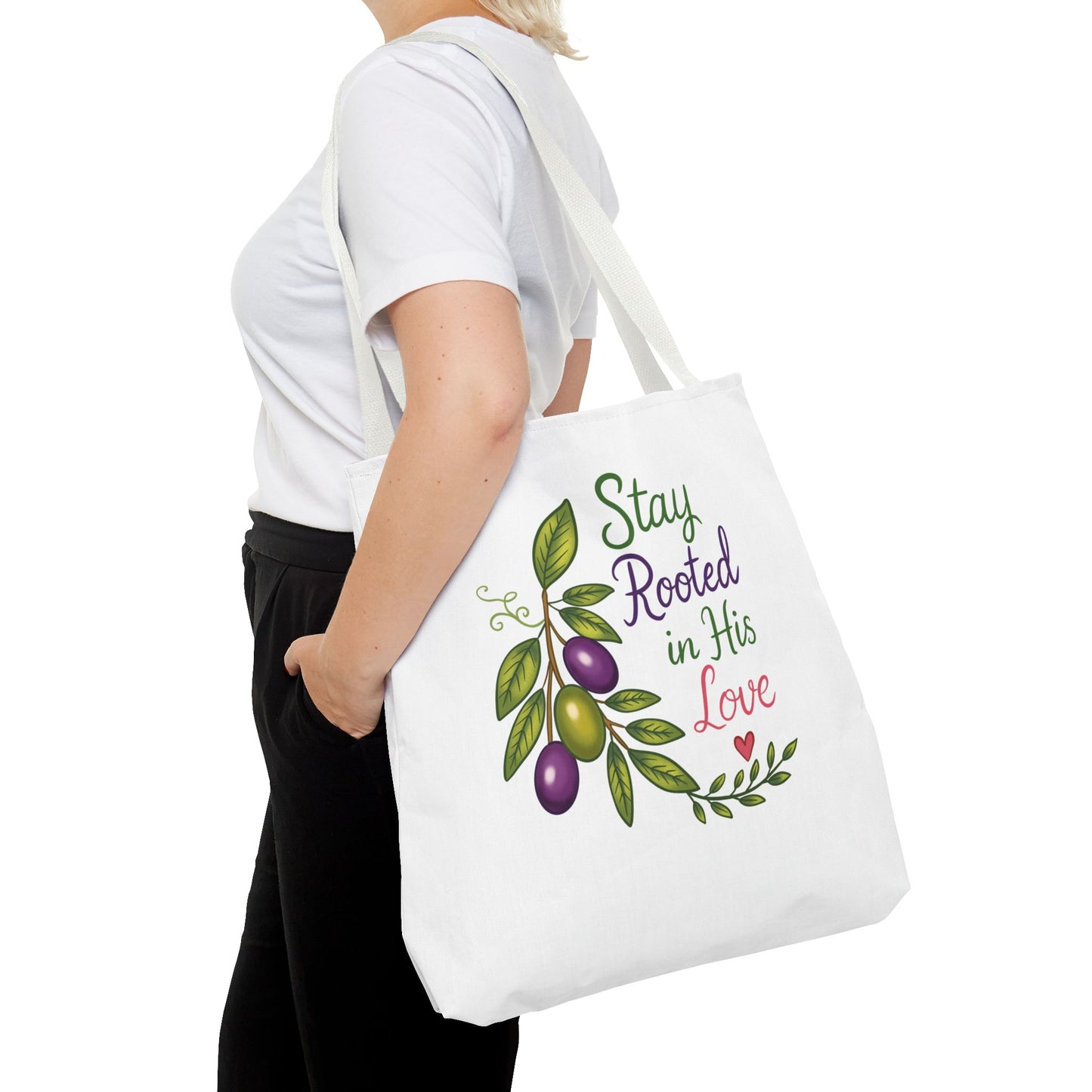 Stay Rooted in His Love Tote Bag — Faith-Based Olive Branch Canvas Tote