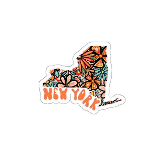 New York State Sticker | Vinyl Artist Designed Illustration Featuring New York State Outline Filled With Retro Flowers with Retro Hand-Lettering Die-Cut Stickers