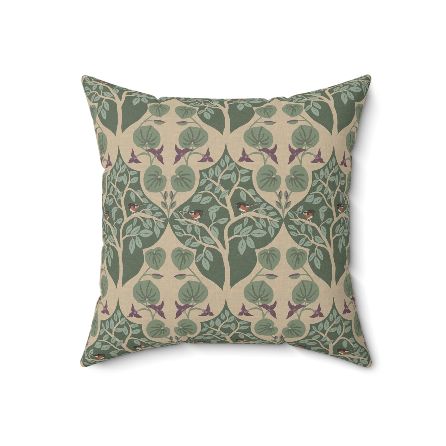 Wild Ginger, Beech Tree and Towhee Sparrows Spun Polyester Square Pillow