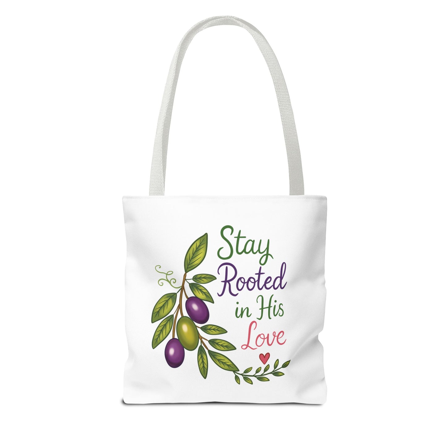 Stay Rooted in His Love Tote Bag — Faith-Based Olive Branch Canvas Tote