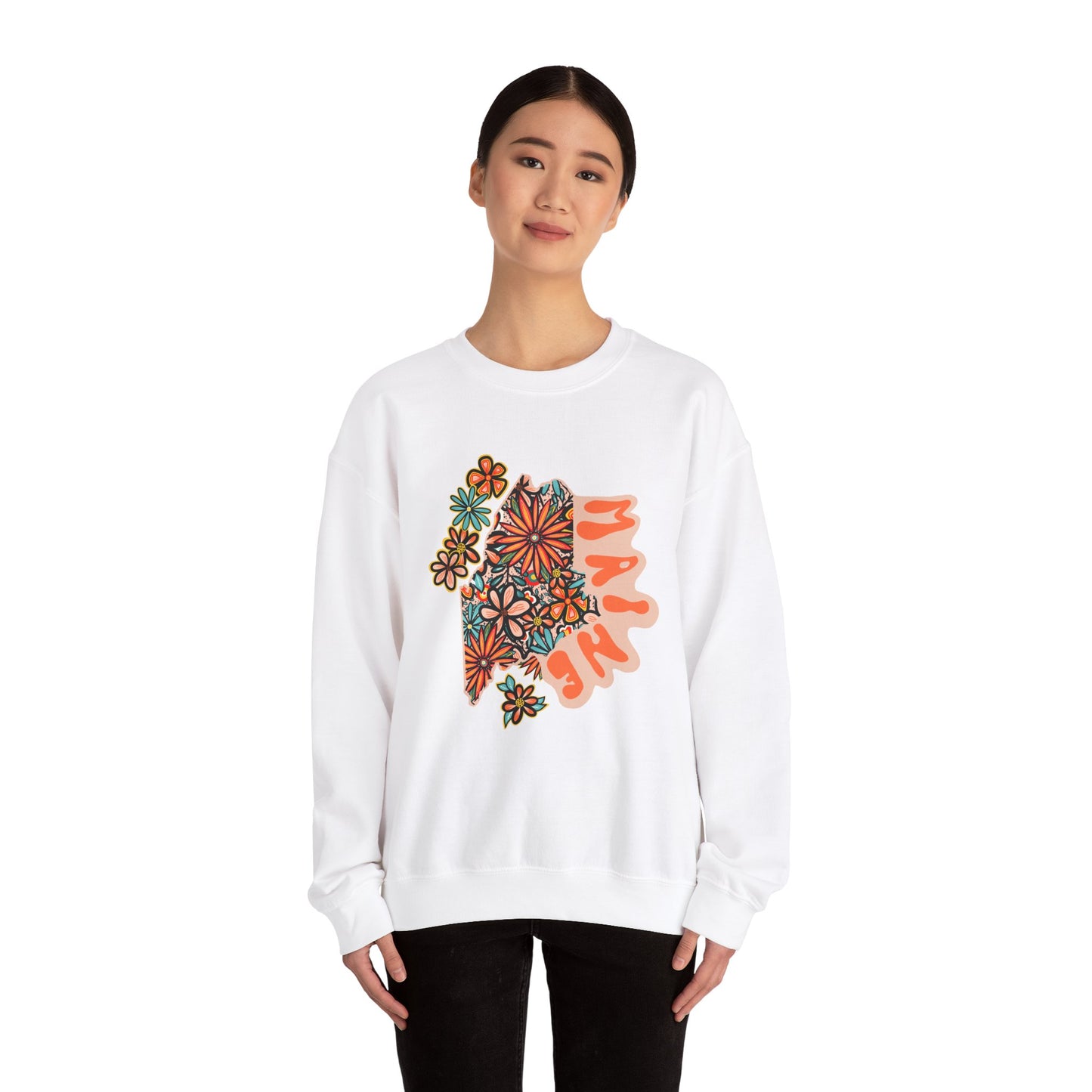 Retro 70s Flowers Maine State Design — Heavy Blend™ Crewneck Sweatshirt